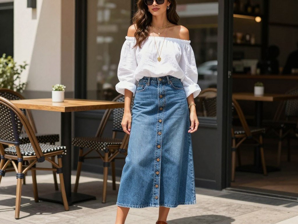 Summer outfit with long denim skirt and off-shoulder top