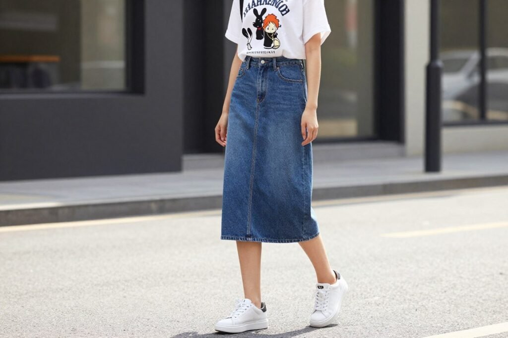 Summer outfit with midi jean skirt, graphic tee and white sneakers