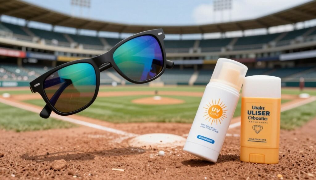 Sun protection essentials including sunglasses and portable sunscreen for baseball games