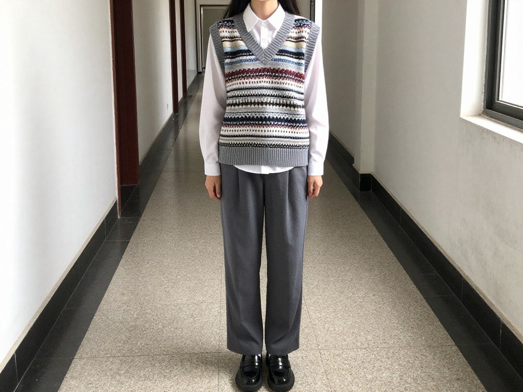 Sweater vest and button-up layered school outfit