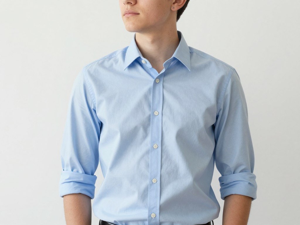 Teen wearing a light blue button-down shirt styled with simple accessories for school