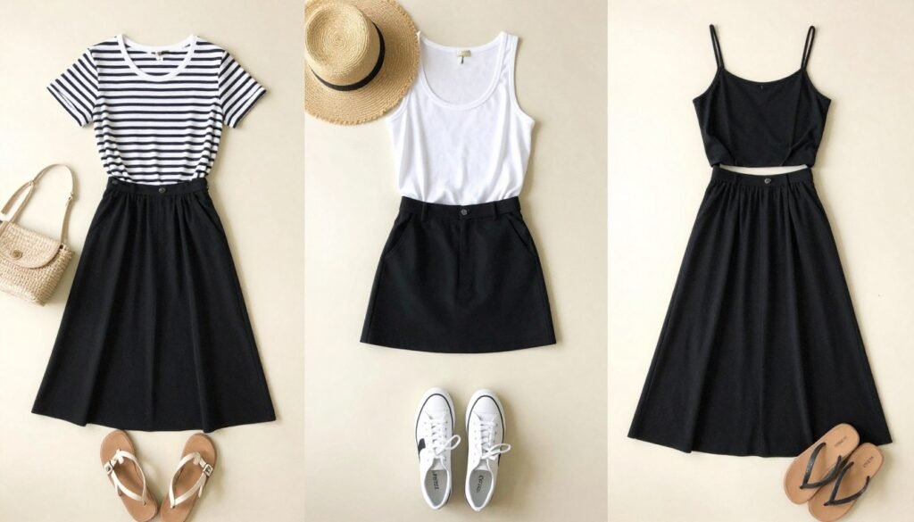 Three casual black skirt summer outfit combinations side by side