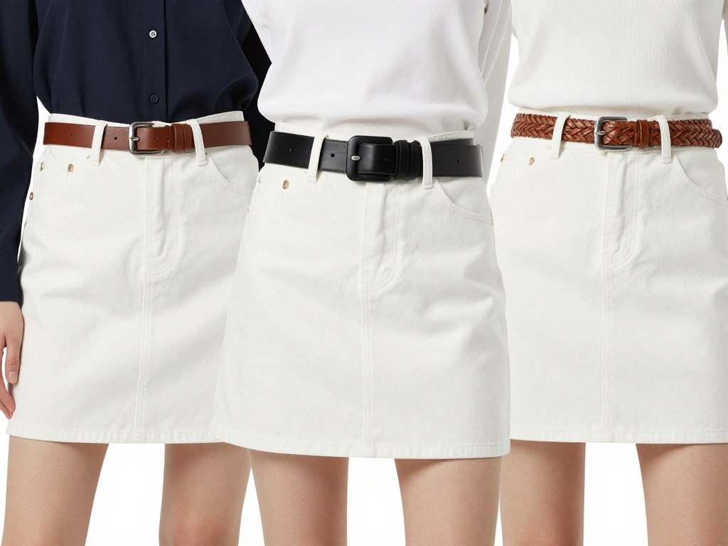 Three different belt styles with white denim skirt outfits