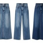 Three different styles of long jean skirts: A-line, straight cut, and button-front designs in various washes from light to dark denim