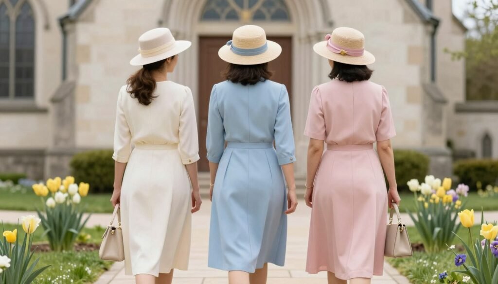 Three women in classic Easter dresses walking to church