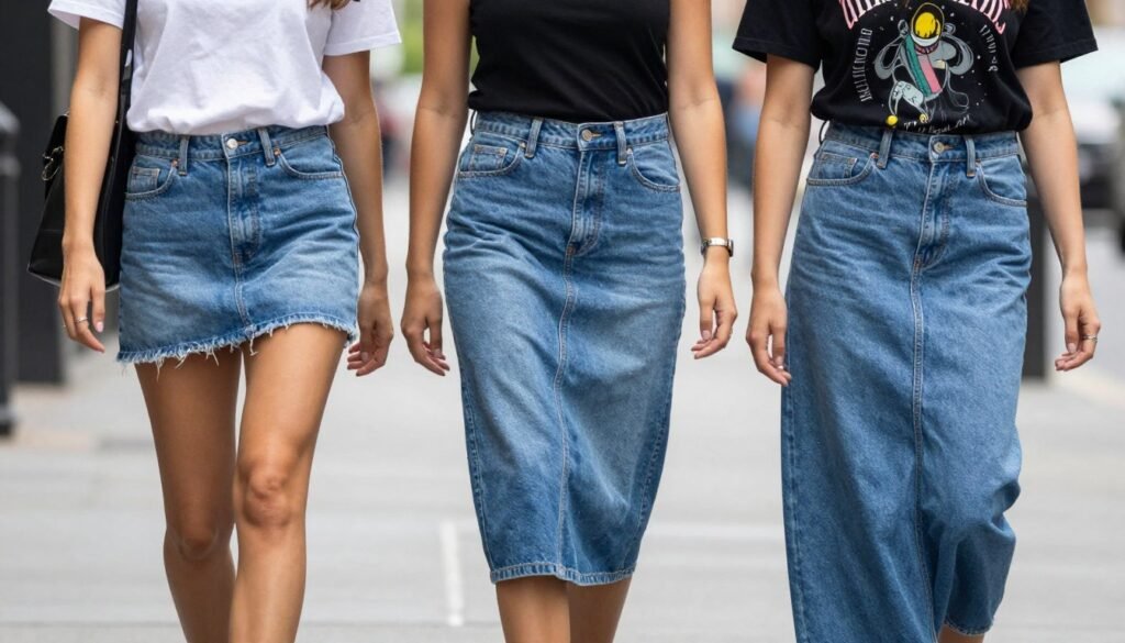 Three women walking together wearing different casual denim skirt outfits