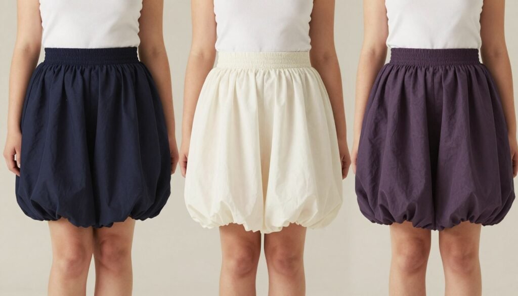 Three women with different body types wearing bubble skirts styled to flatter their figures