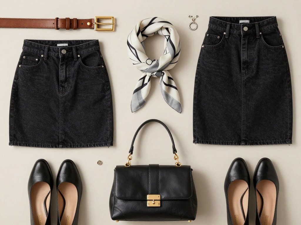 Various accessories including belts, jewelry, and bags that complement black denim skirt outfits