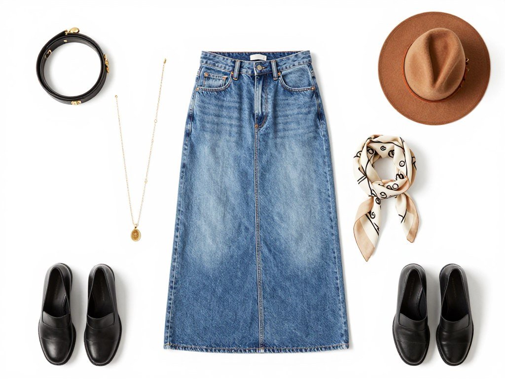 Various accessories paired with a long jean skirt