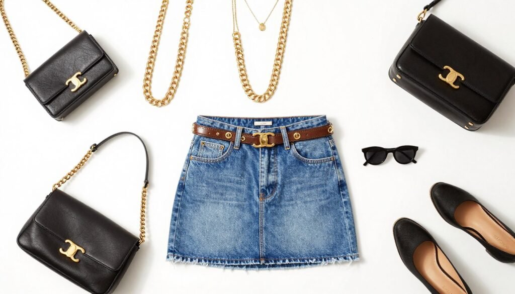 Various accessories paired with a mini denim skirt including belts, jewelry, bags and shoes