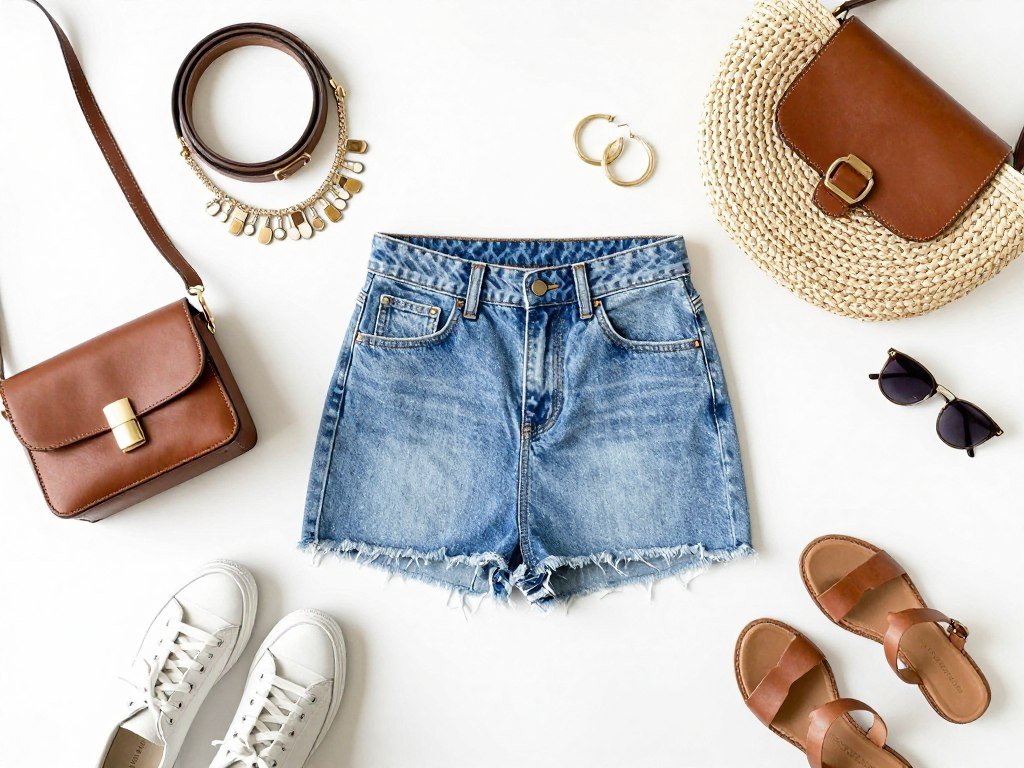 Various accessories paired with a short denim skirt including belts, jewelry, bags, and shoes