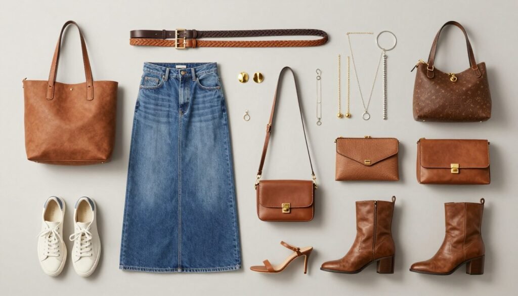 Various accessories paired with long denim skirts including belts, jewelry, bags and shoes