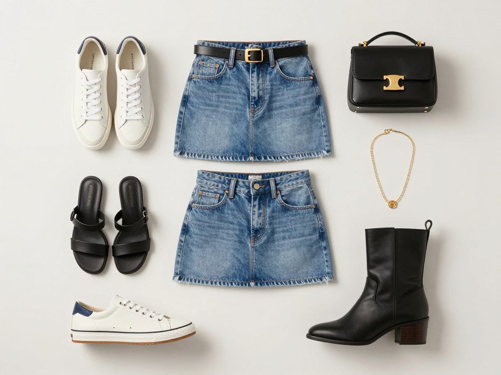 Various accessories paired with short jean skirts