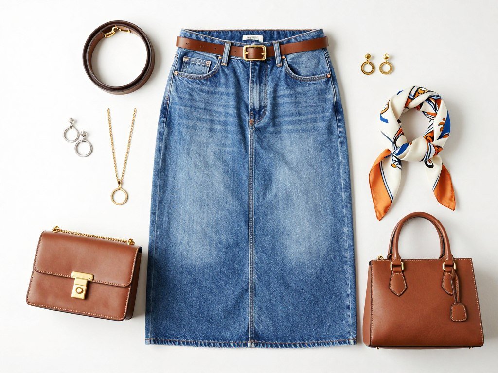 Various accessories styled with denim midi skirt - belts, jewelry, bags for denim midi skirt outfit