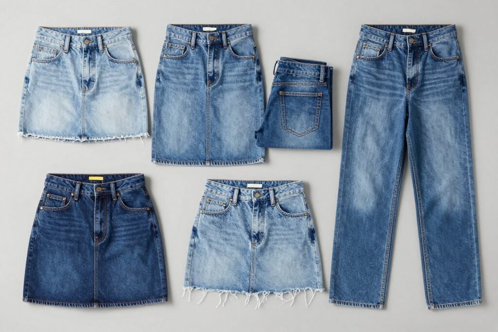 Various denim skirt styles including mini, midi, and maxi lengths in different washes