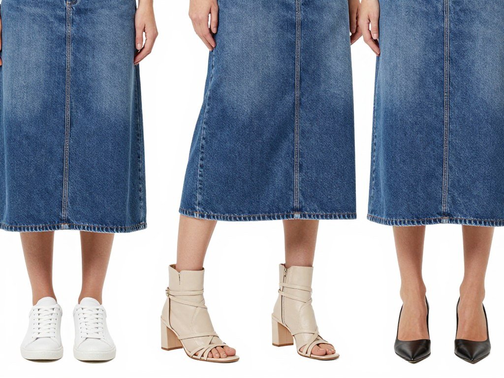 Various footwear options paired with long denim skirts - sneakers, boots, sandals, and heels