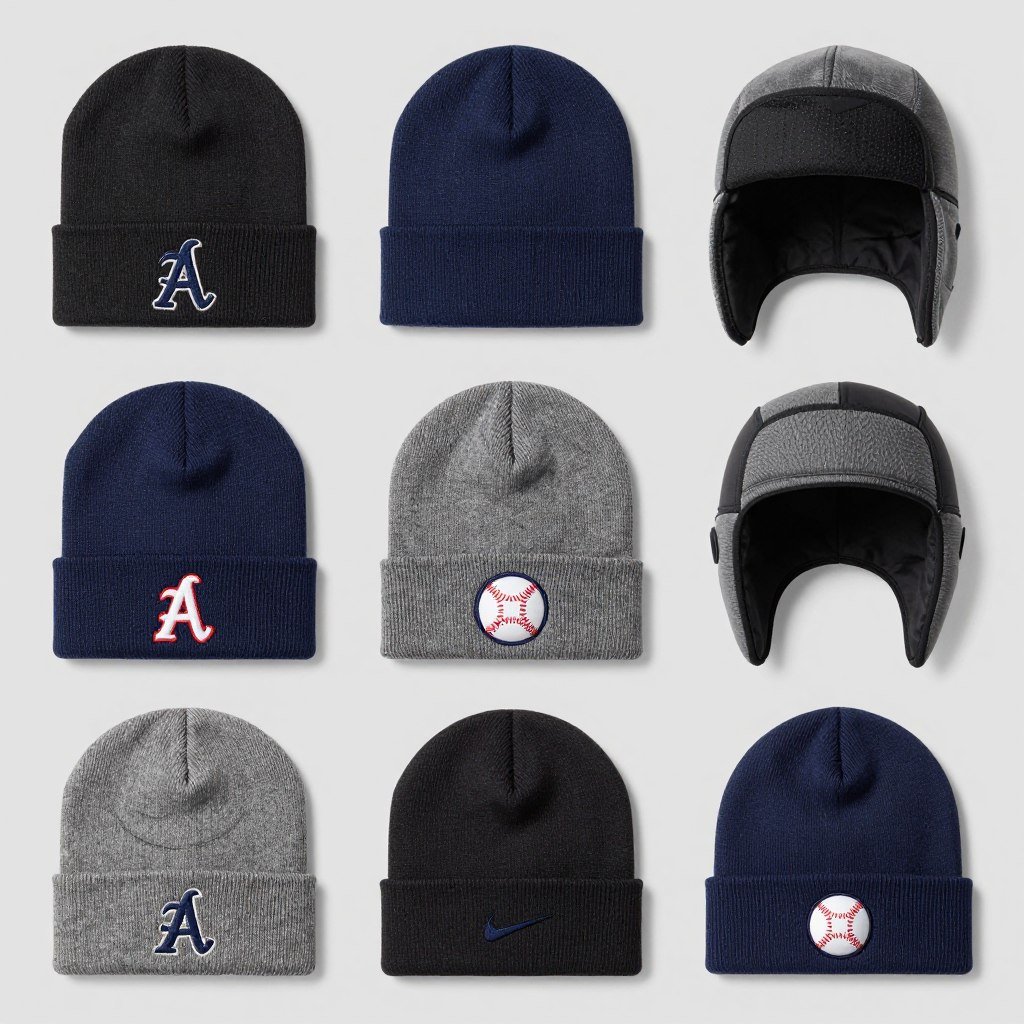Various hats and beanies with team logos for cold baseball games