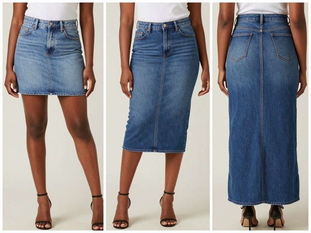 Various jean skirt styles displayed on Black models showing different lengths and washes
