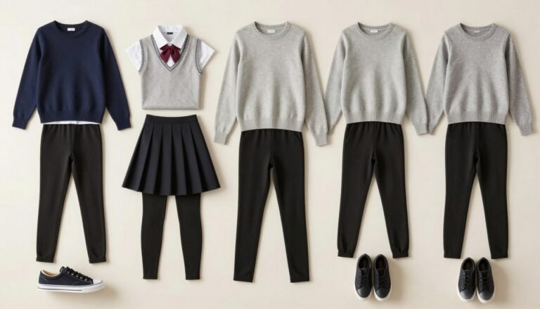Various outfit ideas for school leggings displayed on a neutral background