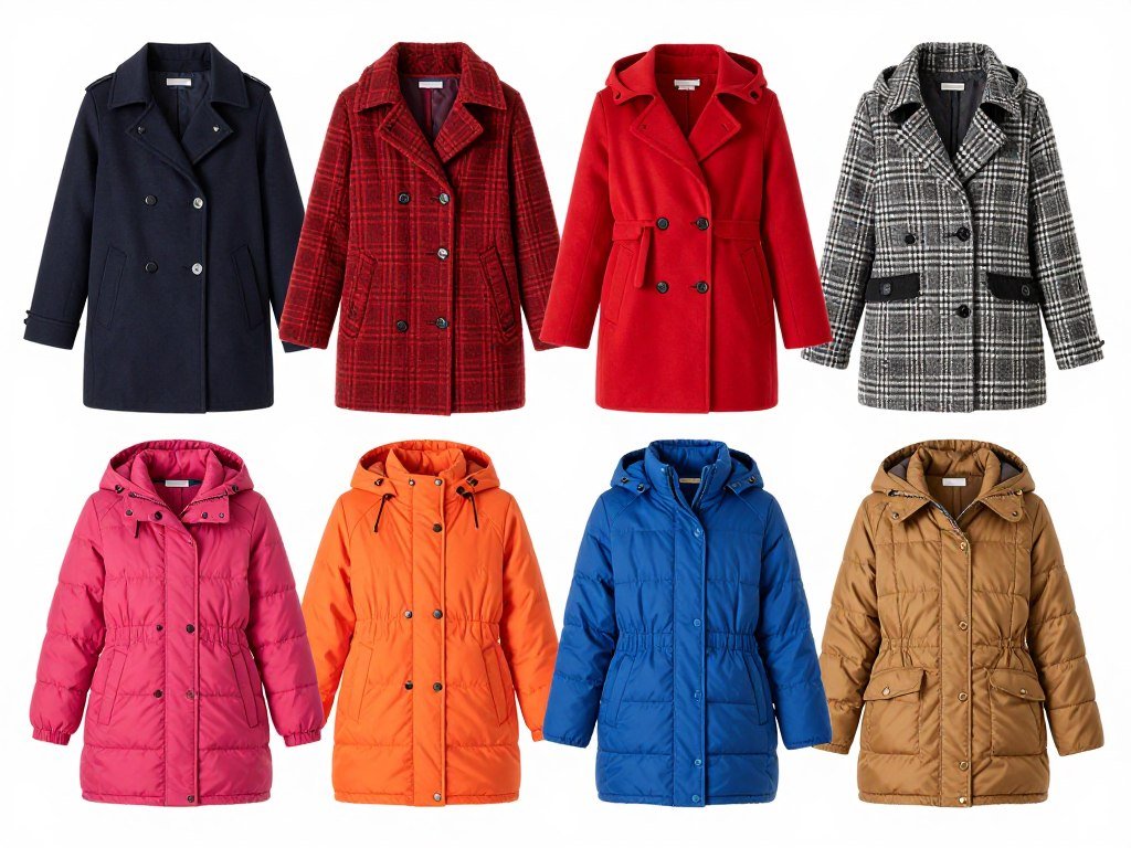 Various statement coats in different colors and patterns for winter school outfits