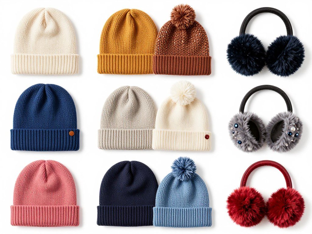 Various styles of beanies and earmuffs for winter school outfit accessories
