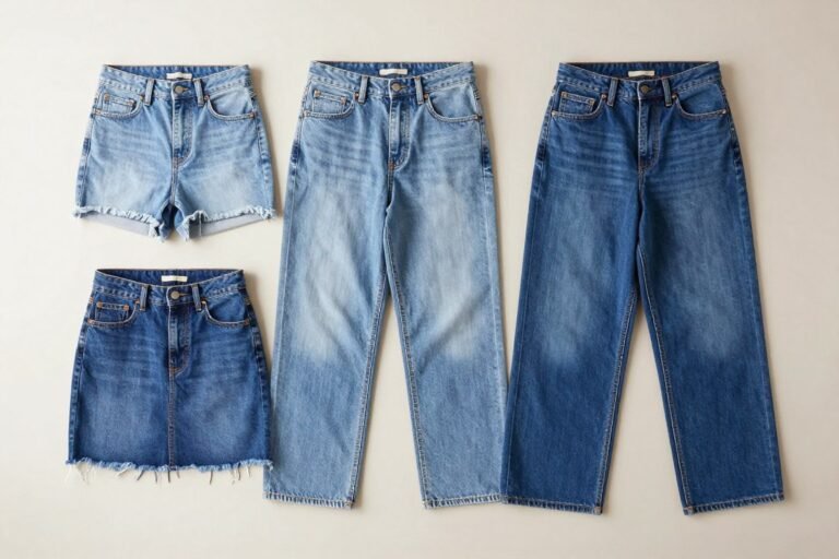 Various styles of jean skirts including mini, midi, and maxi lengths in different washes