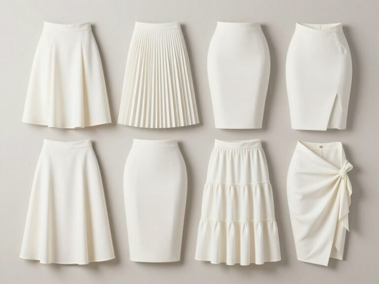 Various white midi skirt styles including A-line, pleated, and pencil silhouettes