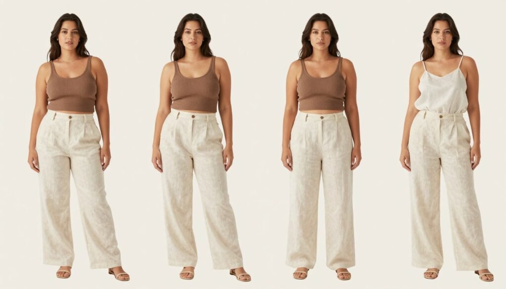 Various women with different body types wearing cream linen pants styled differently