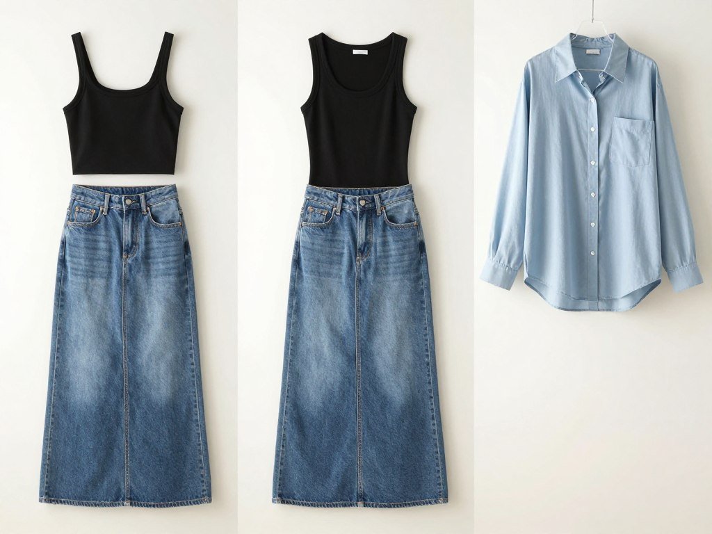 Visual guide showing different jean skirt lengths (mini, midi, maxi) paired with proportionally balanced tops for flattering summer jean skirt outfits