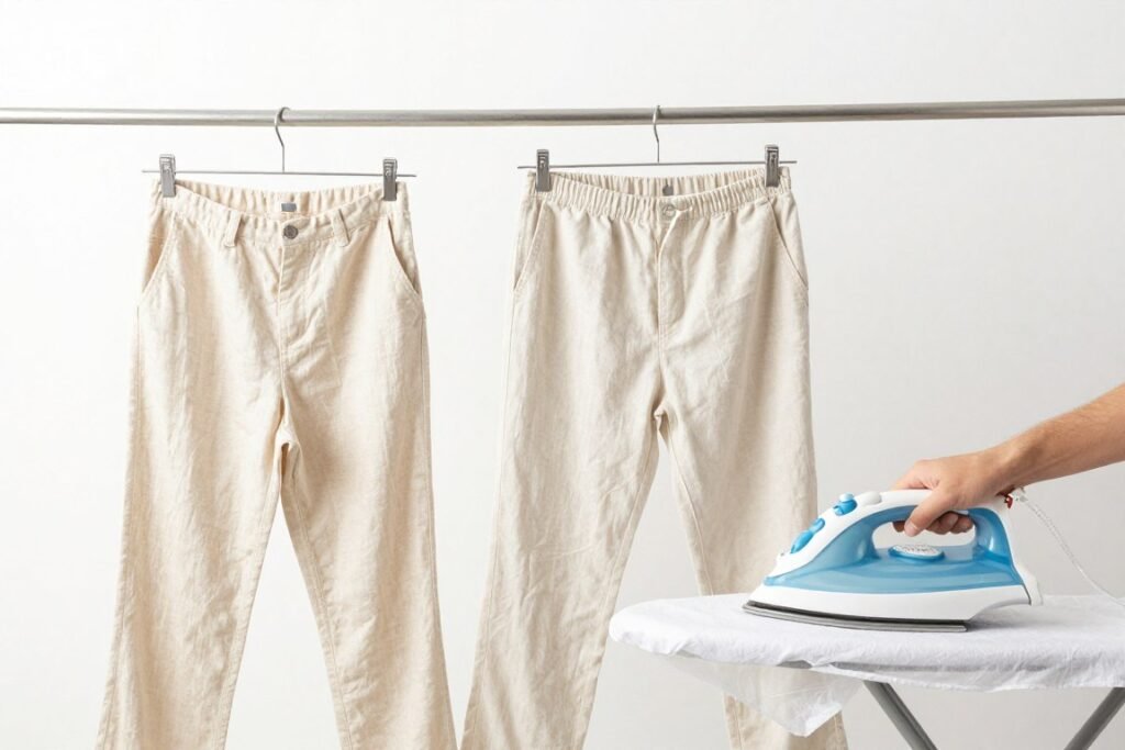 Visual guide showing proper care techniques for linen pants including washing, drying, and ironing methods