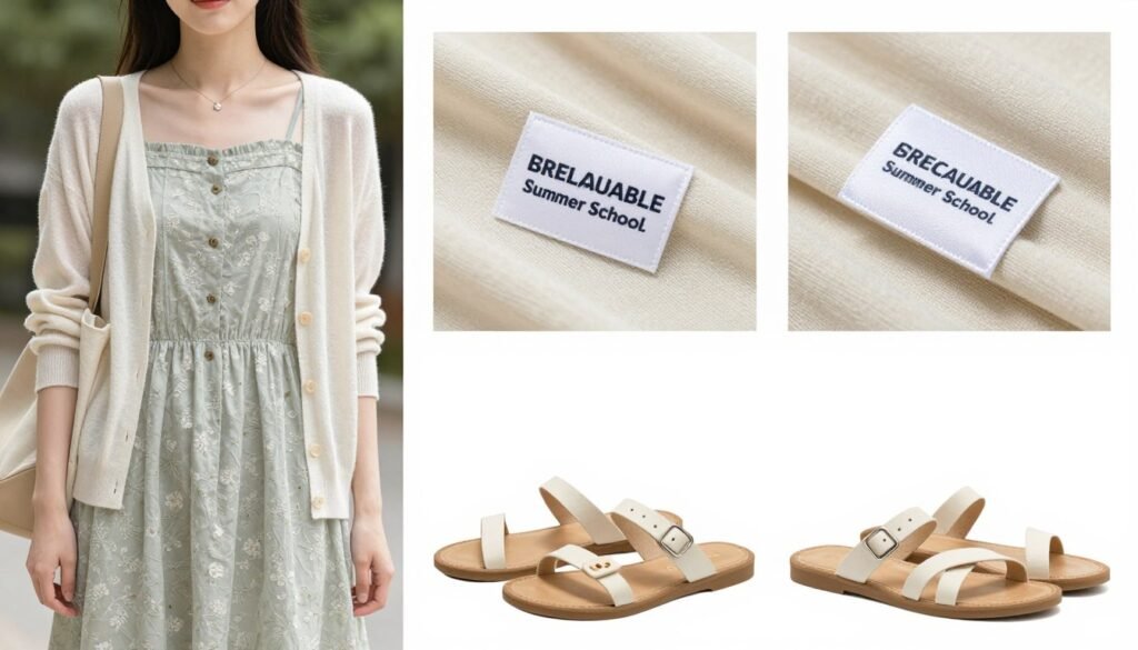 Visual representation of summer school outfit styling tips showing layering, fabric choices, and accessorizing