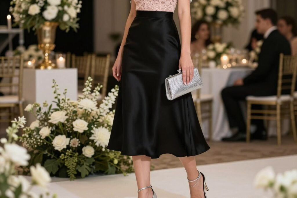 Wedding guest outfit featuring a black silk skirt with a blush lace top and metallic accessories