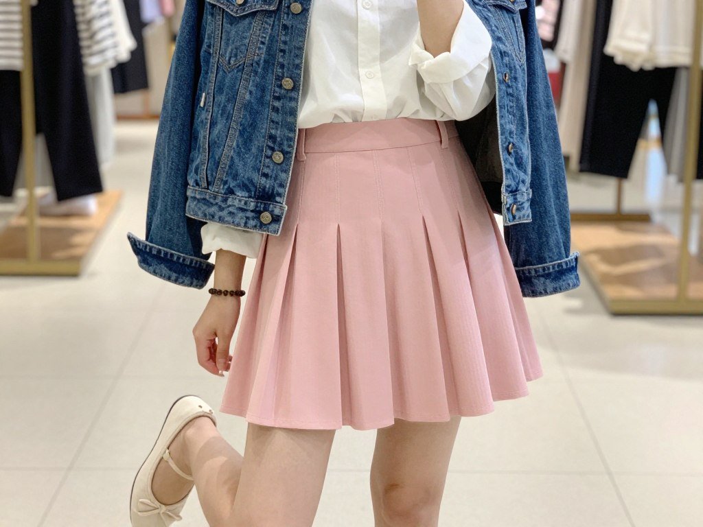 Weekend shopping outfit with pink pleated mini skirt and comfortable flats