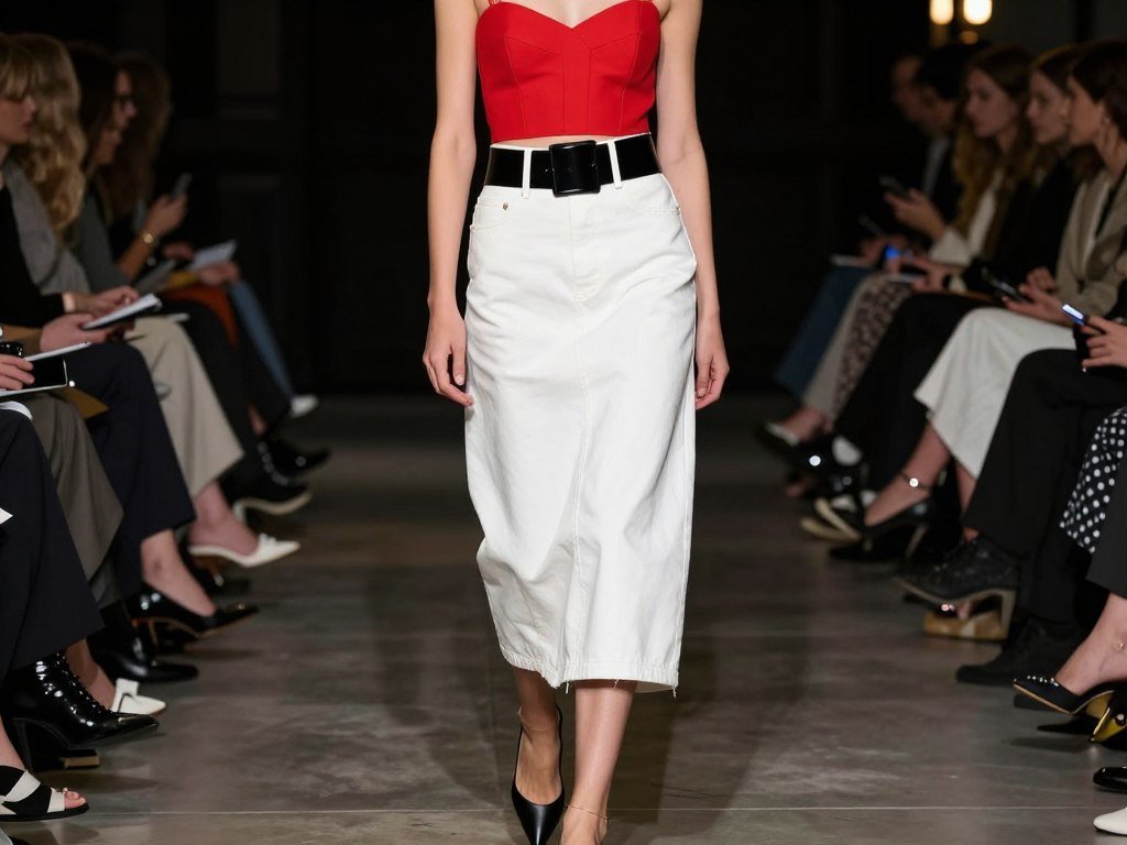 White denim midi skirt with structured red crop top and statement belt