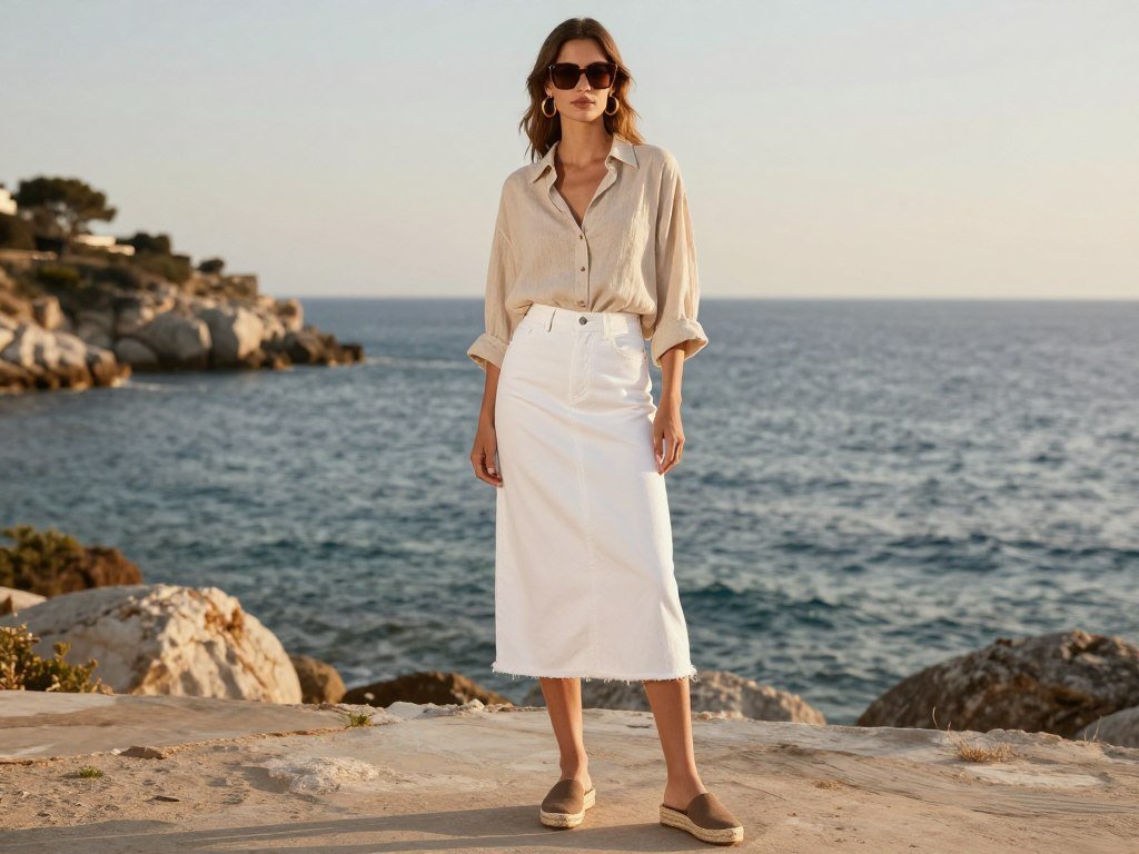 White denim skirt with beige linen top and espadrilles
