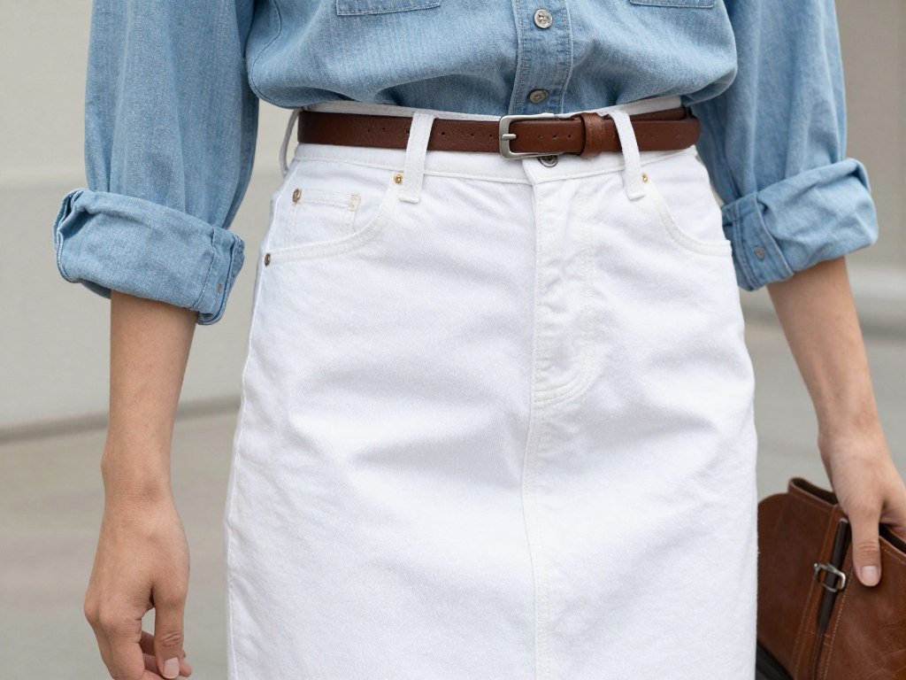 White denim skirt with chambray shirt and ankle boots