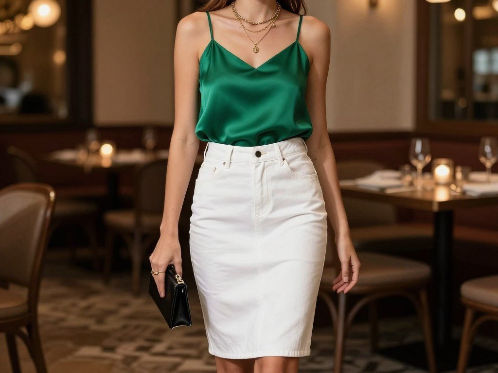 White denim skirt with emerald silk camisole and black strappy heels