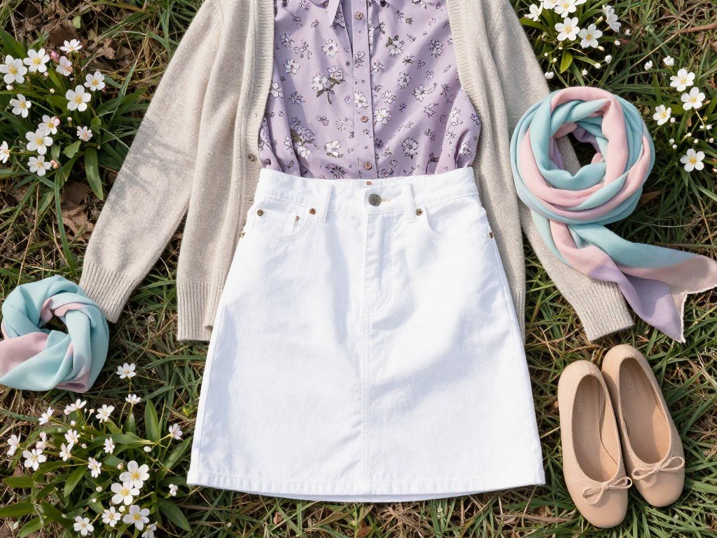 White denim skirt with lavender floral blouse and light cardigan