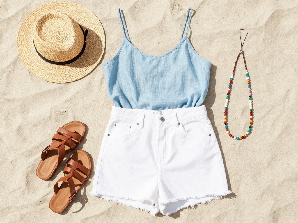 White denim skirt with lightweight blue tank and strappy sandals