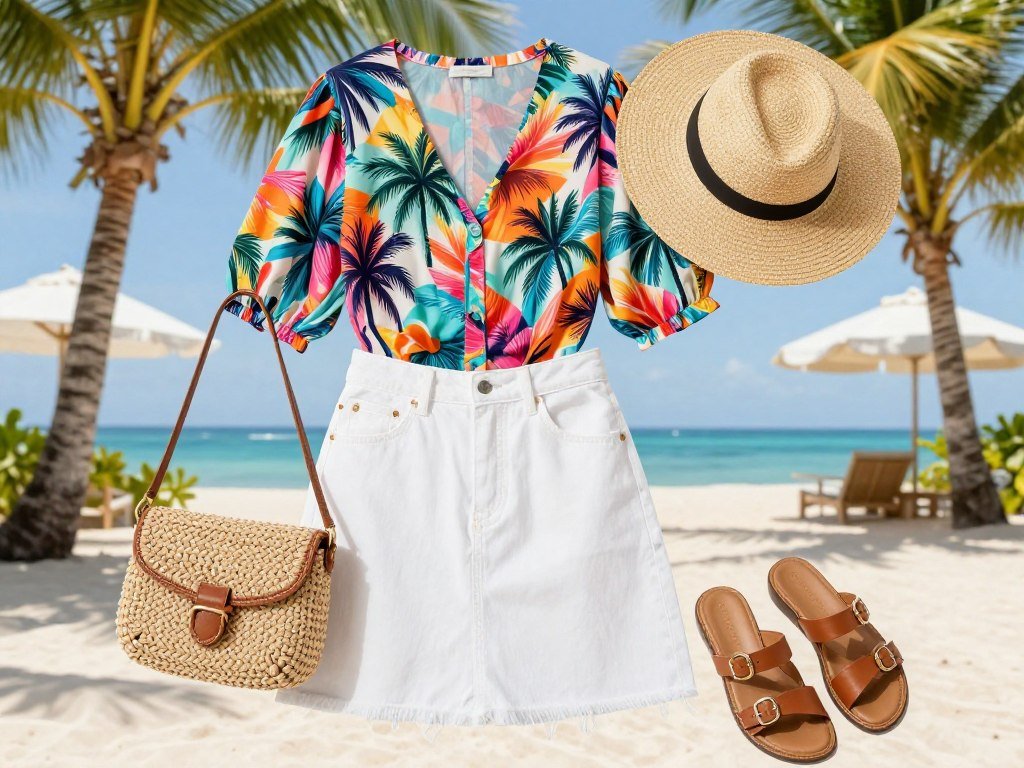 White denim skirt with palm print top and straw accessories