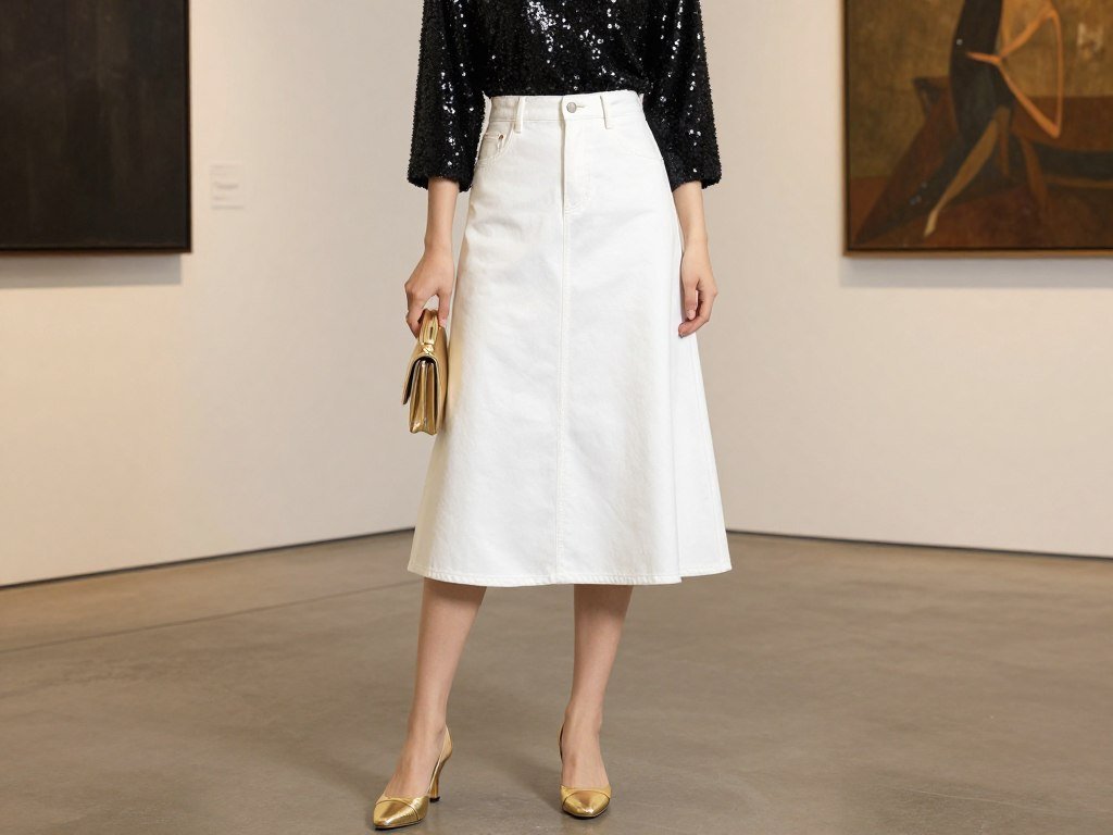 White denim skirt with sequined top and gold accessories
