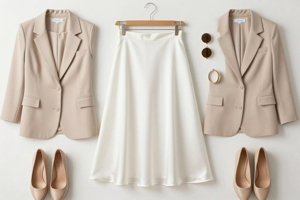 White satin skirt hanging in a curated wardrobe next to complementary pieces showing its versatility