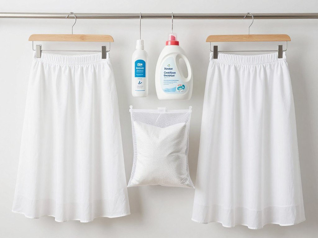 White skirt care essentials including gentle detergent, stain remover, and proper storage solutions