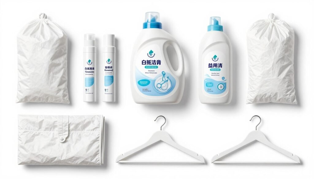 White skirt care essentials including specialized detergent, stain removers, garment bags and proper storage solutions