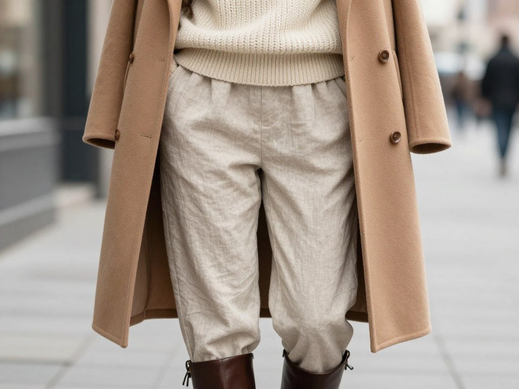 Winter beige linen pants outfit