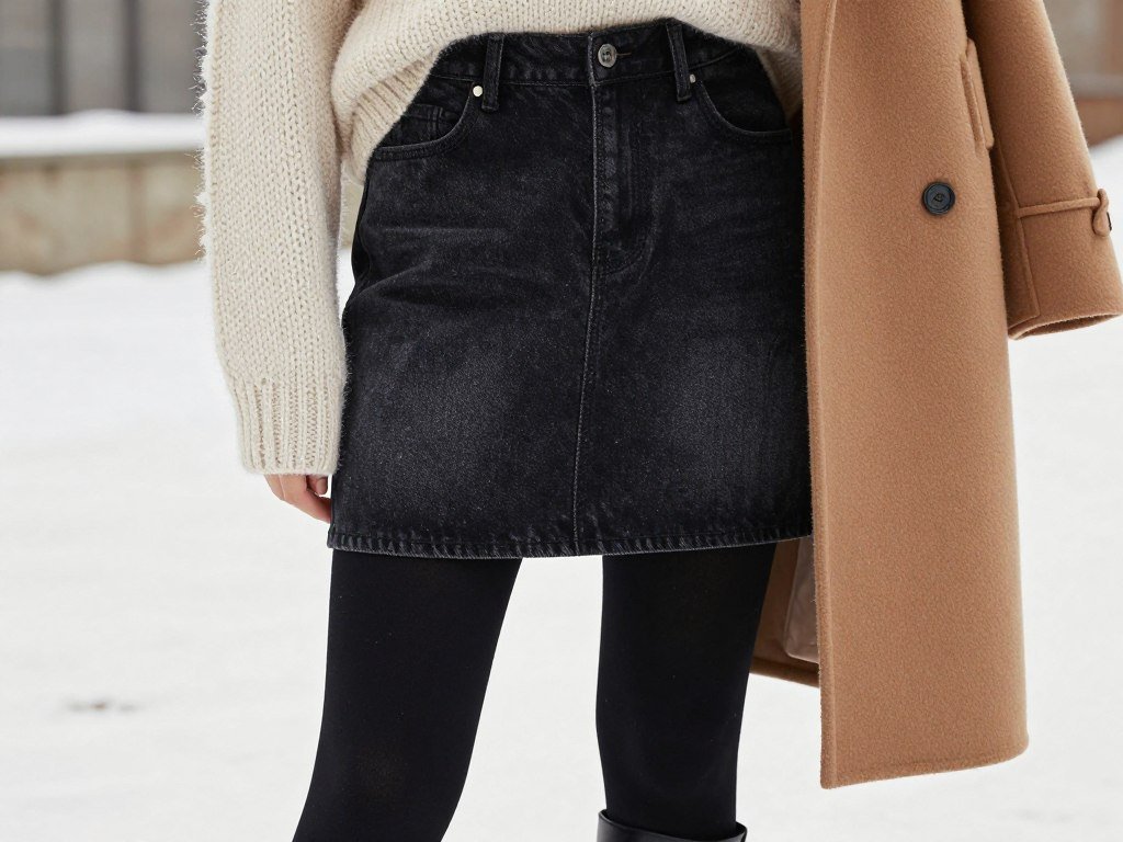 Winter black denim skirt outfit with sweater and tights
