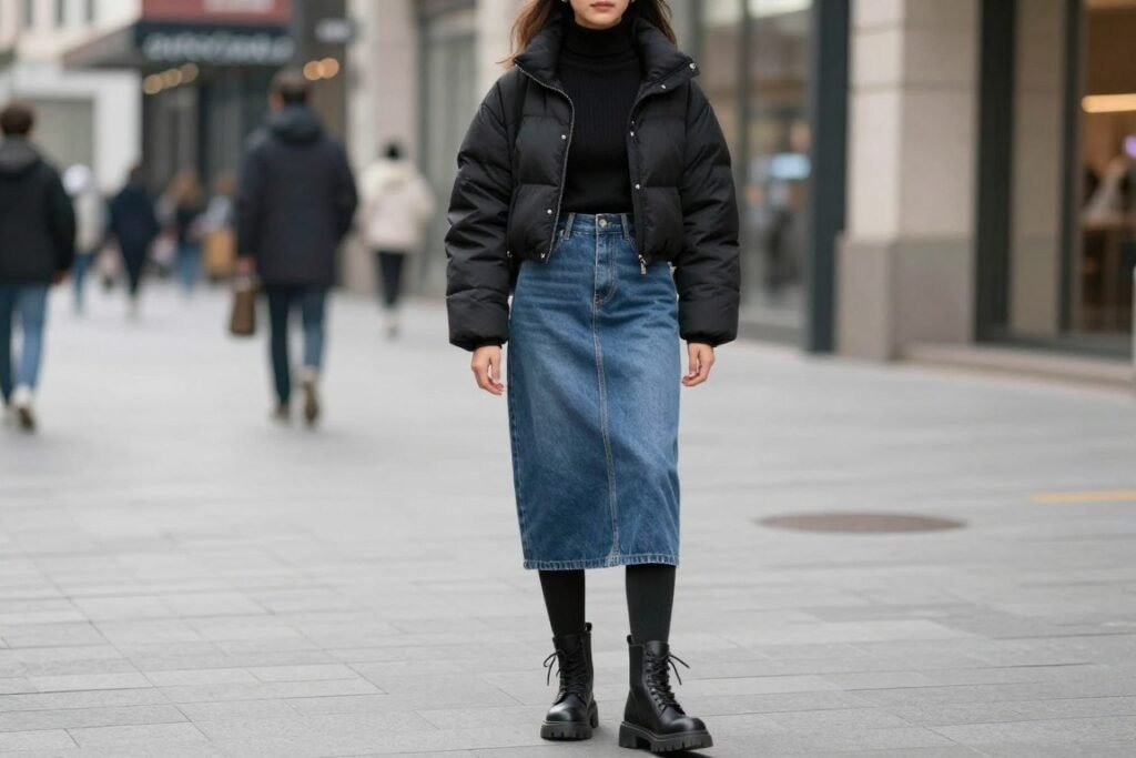 Winter midi jean skirt outfit with puffer jacket and combat boots