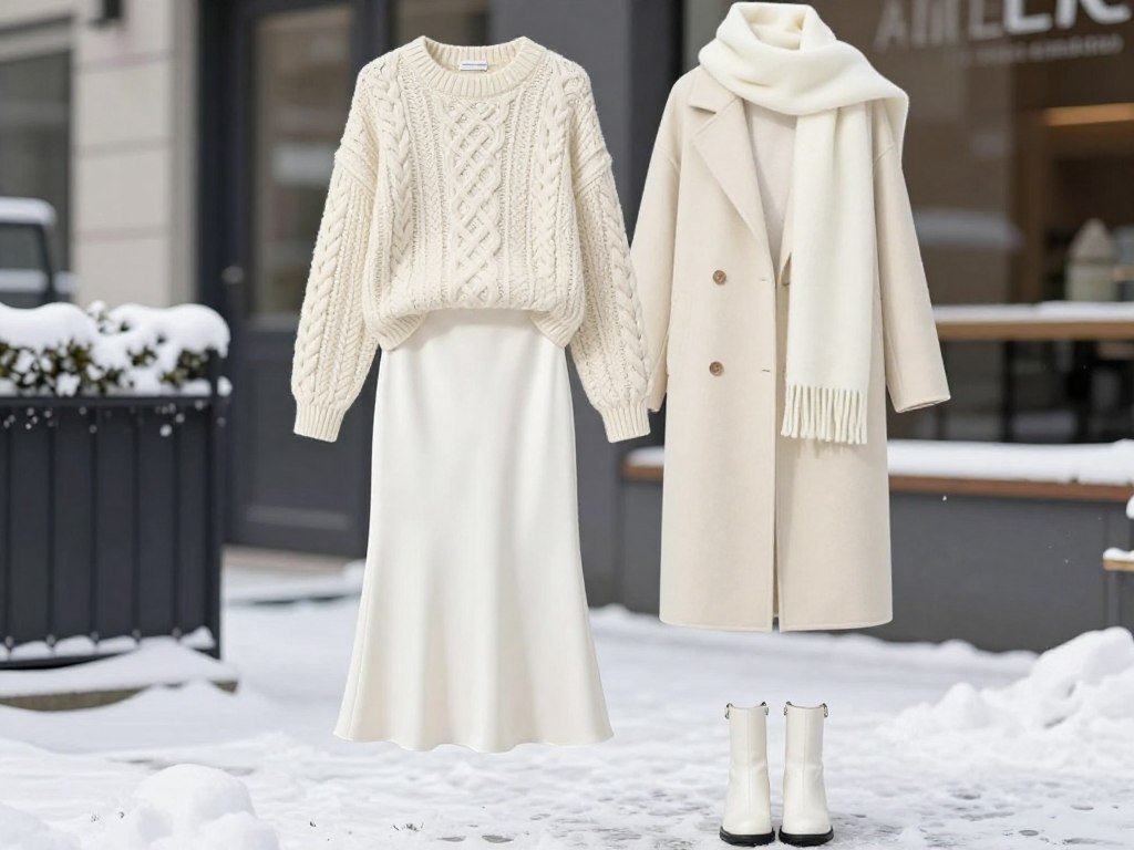 Winter monochromatic outfit with white satin skirt, cream sweater and white boots