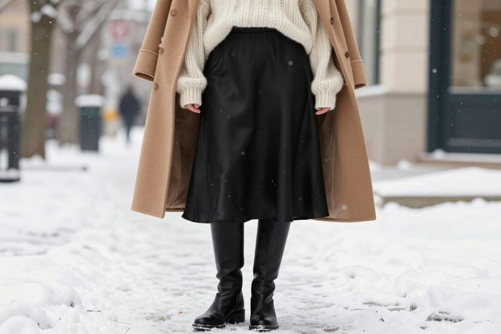 Winter outfit with black silk skirt layered with chunky sweater, tights and tall boots