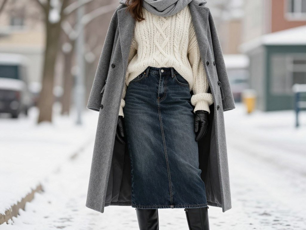 Winter outfit with long denim skirt, oversized sweater and tall boots